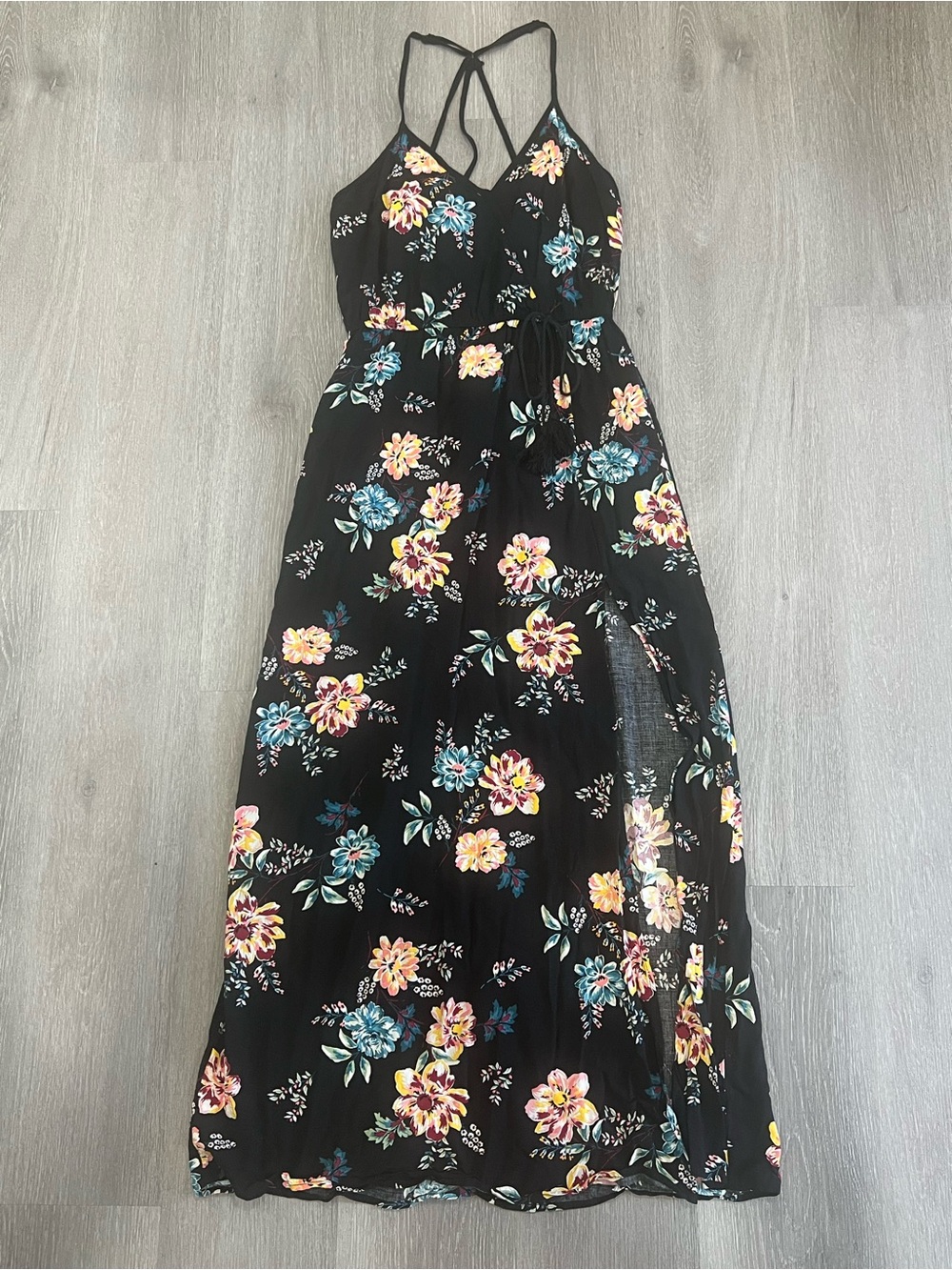 Band of Gypsies Black Floral Maxi Dress with Tie-Back Straps